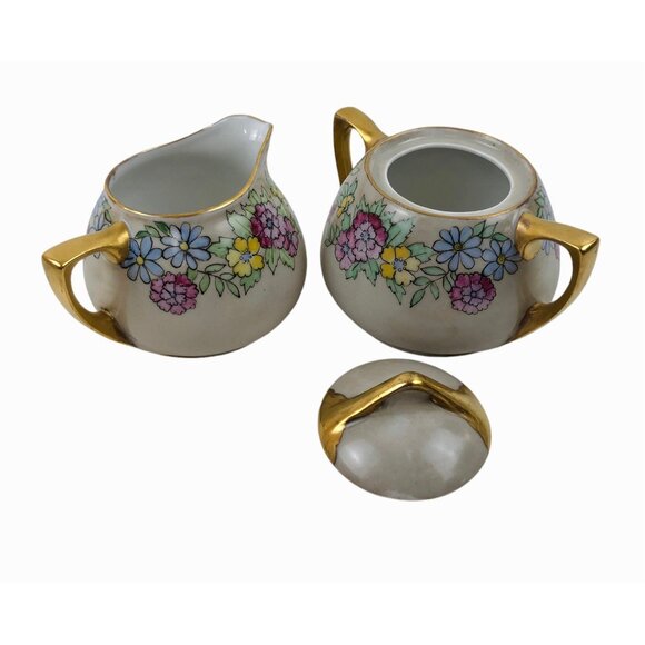 Vintage O E G Royal Austria Creamer Sugar Bowl Set Floral Design Gold Trim - Picture 2 of 10